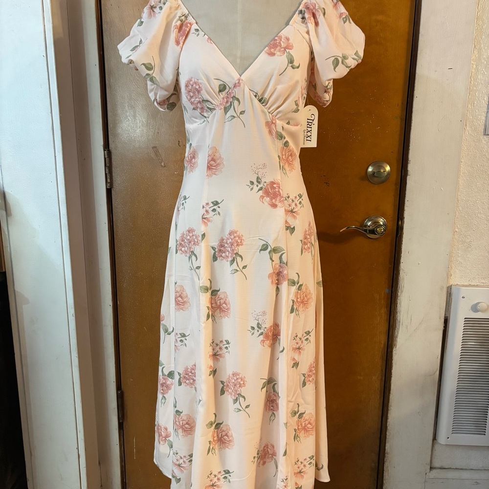NWT Trixxi dress.  Pale pink floral with a bow in back